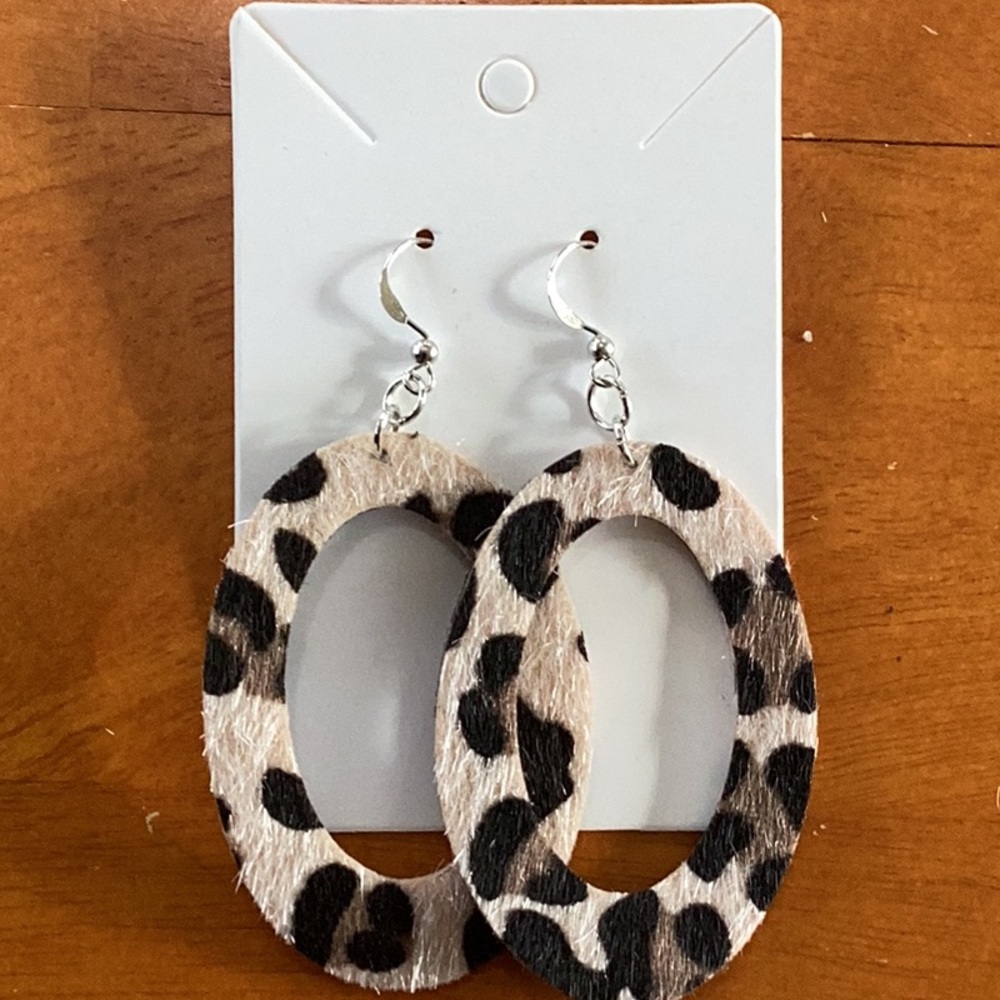 Leopard Print Oval Faux Leather Earrings